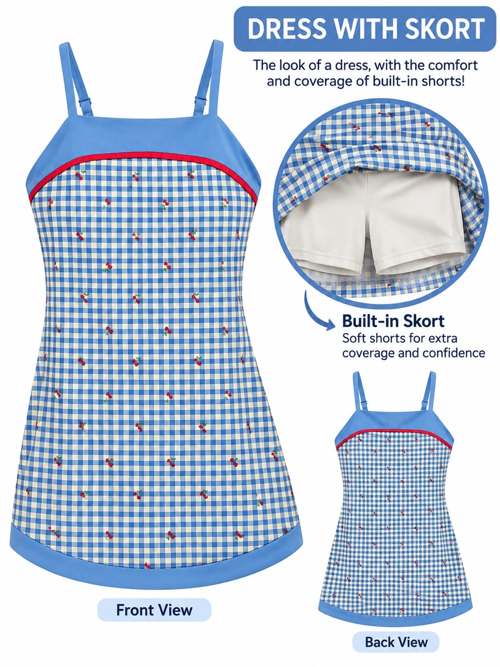 all in motion Blue Gingham Dress with Red Cherry Accents